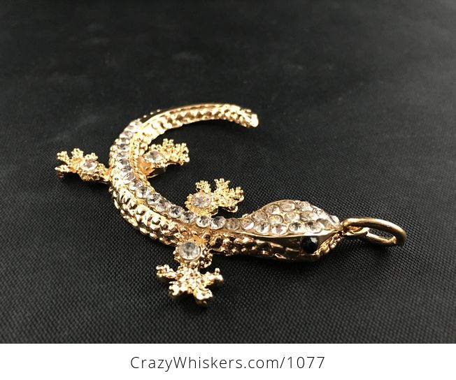 White Rhinestone and Gold Tone Gecko Lizard Pendant - #mAIfOc4EFtA-4