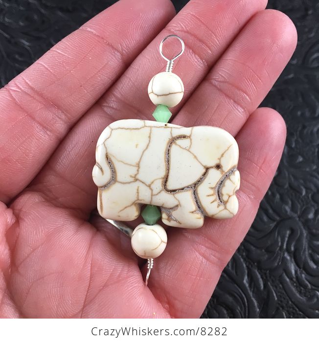 White Turquoise and Green Bicone Bead Elephant Pendant Jewelry with Silver Wire - #33PfS6DsFvg-2