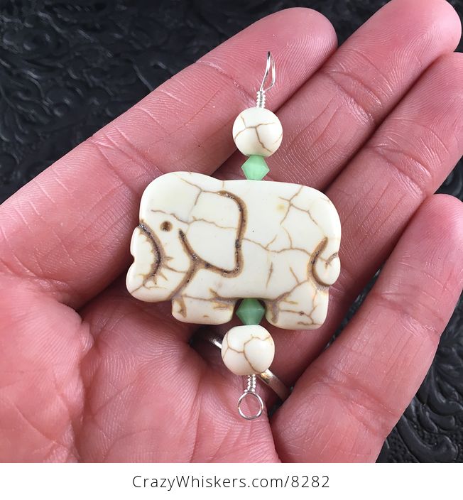 White Turquoise and Green Bicone Bead Elephant Pendant Jewelry with Silver Wire - #33PfS6DsFvg-1