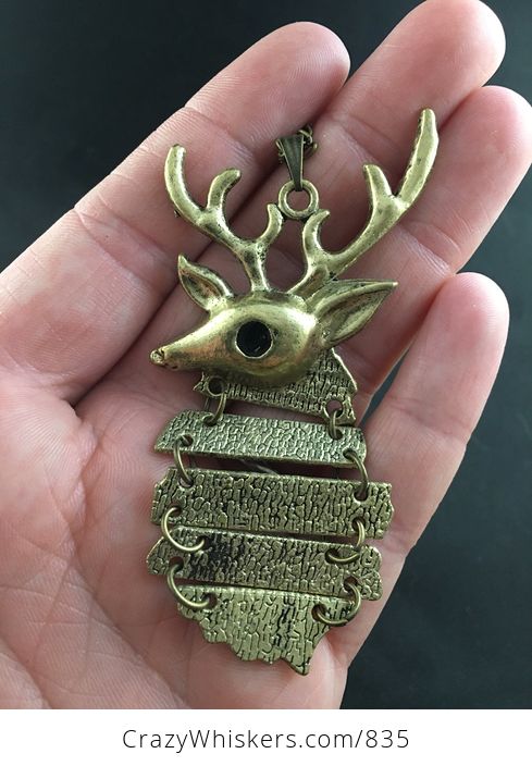 Wiggly Articulated Buck Deer Stag Pendant with Big Antlers in Gold Tone - #d0ngbPF71jk-1