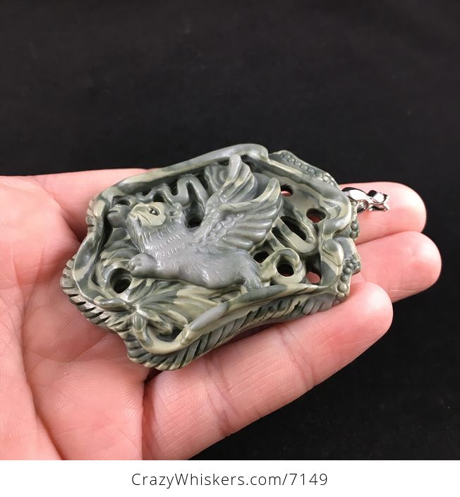 Winged Angel Cat Carved Ribbon Jasper Stone Pendant Jewelry - #tSpgqf5HANA-3