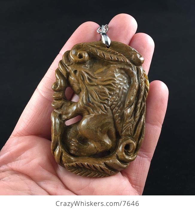 Winged Lion Carved Brown Jasper Stone Pendant Jewelry - #q3aoifQ50mw-1