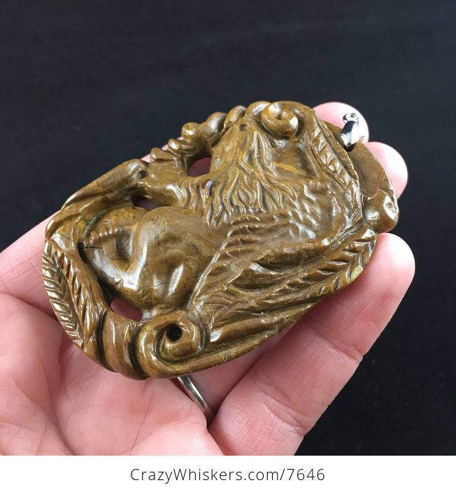 Winged Lion Carved Brown Jasper Stone Pendant Jewelry - #q3aoifQ50mw-3