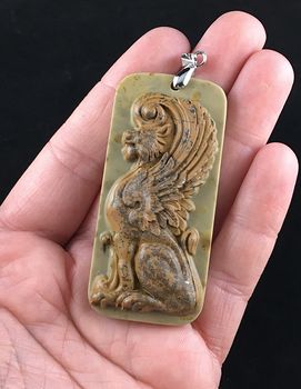Winged Lion Carved Ribbon Jasper Stone Pendant Jewelry #t7NgpDKX3JM
