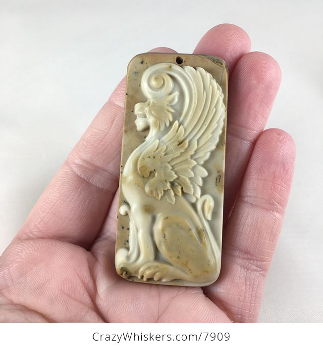 Winged Lion Carved Ribbon Jasper Stone Pendant Jewelry - #GGuzTOwazZA-1