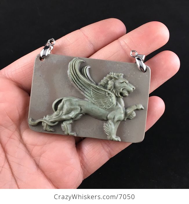 Winged Lion Carved Ribbon Jasper Stone Pendant Jewelry - #gXl73F7SixQ-1