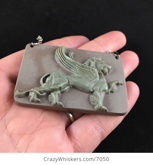 Winged Lion Carved Ribbon Jasper Stone Pendant Jewelry - #gXl73F7SixQ-2