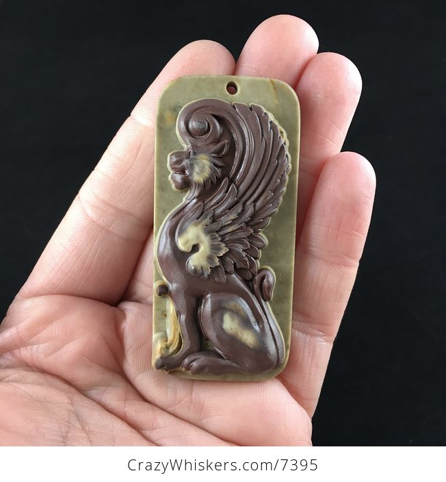 Winged Lion Carved Ribbon Jasper Stone Pendant Jewelry - #ixzCdTo3p2s-1