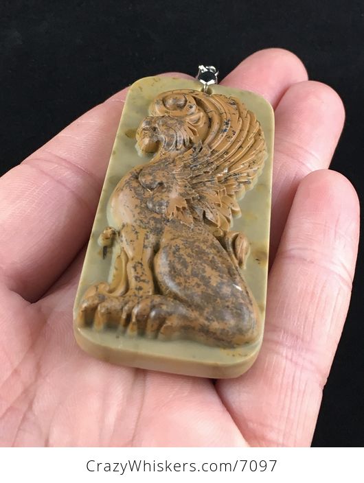 Winged Lion Carved Ribbon Jasper Stone Pendant Jewelry - #t7NgpDKX3JM-2
