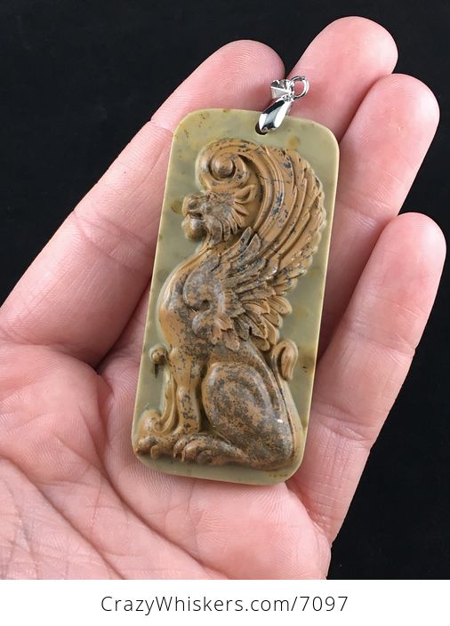 Winged Lion Carved Ribbon Jasper Stone Pendant Jewelry - #t7NgpDKX3JM-1