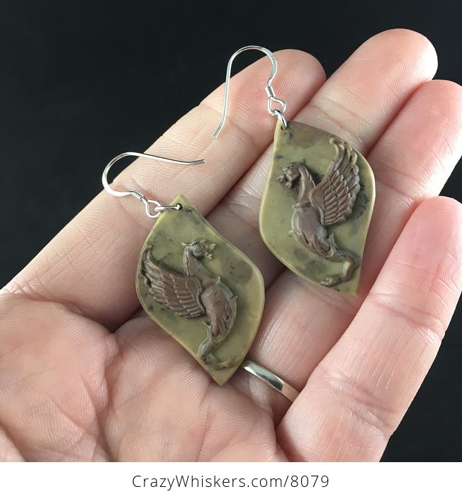 Winged Lion or Griffin Carved Ribbon Jasper Stone Jewelry Earrings - #I80PJDpt7Yw-1