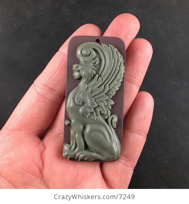 Winged Lion Pendant Carved Ribbon Jasper Stone Jewelry - #WvbEYfP9hA4-1