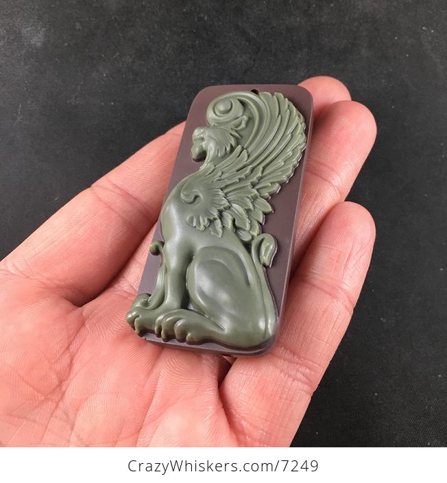 Winged Lion Pendant Carved Ribbon Jasper Stone Jewelry Necklace - #WvbEYfP9hA4-3