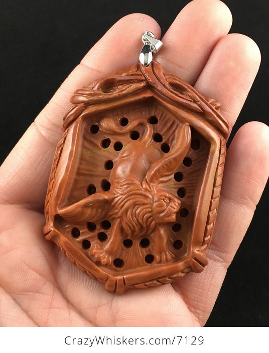 Winged Male Lion Carved Red Jasper Stone Pendant Jewelry - #sVISErzg0Pw-1