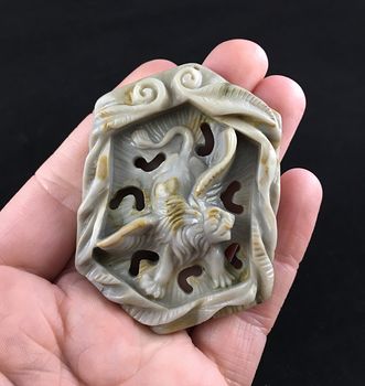 Winged Male Lion Carved Ribbon Jasper Stone Pendant Jewelry #PsZB7y8GZcg