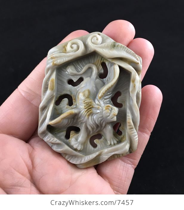 Winged Male Lion Carved Ribbon Jasper Stone Pendant Jewelry - #PsZB7y8GZcg-1
