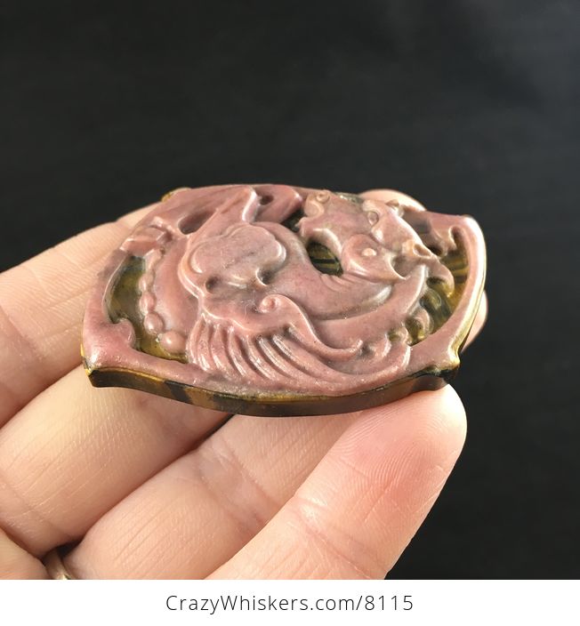 Winged Pegasus Horse Carved in Pink Rhodonite Stone and Set on Tiger Eye Jewelry Pendant - #llcLm085z6Q-5