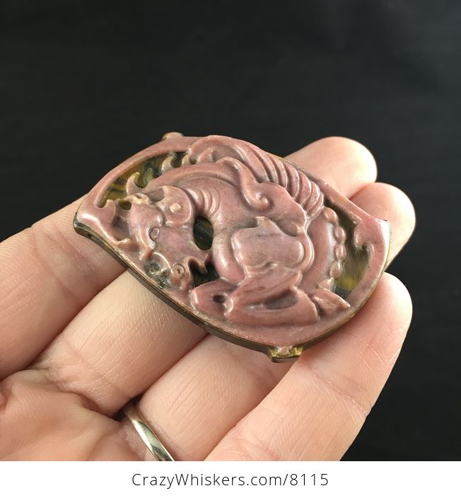 Winged Pegasus Horse Carved in Pink Rhodonite Stone and Set on Tiger Eye Jewelry Pendant - #llcLm085z6Q-4