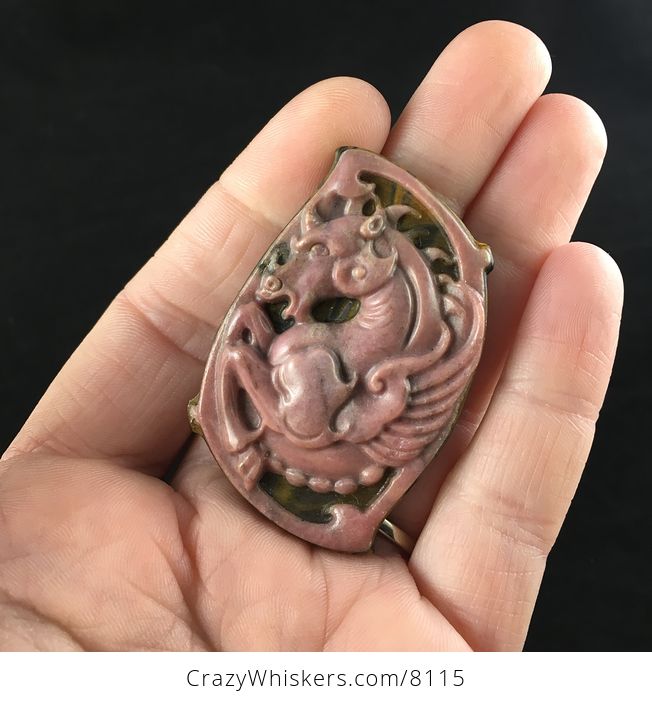 Winged Pegasus Horse Carved in Pink Rhodonite Stone and Set on Tiger Eye Jewelry Pendant - #llcLm085z6Q-1