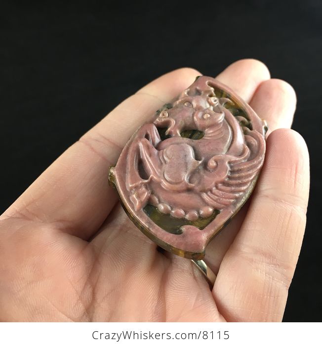 Winged Pegasus Horse Carved in Pink Rhodonite Stone and Set on Tiger Eye Jewelry Pendant - #llcLm085z6Q-6