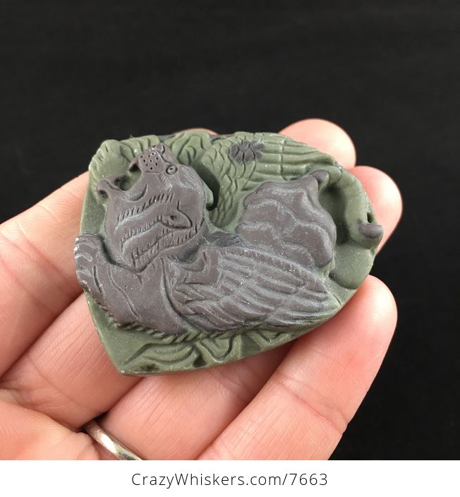 Winged Tiger Carved Ribbon Jasper Stone Pendant Jewelry - #UlduapB6b4A-3