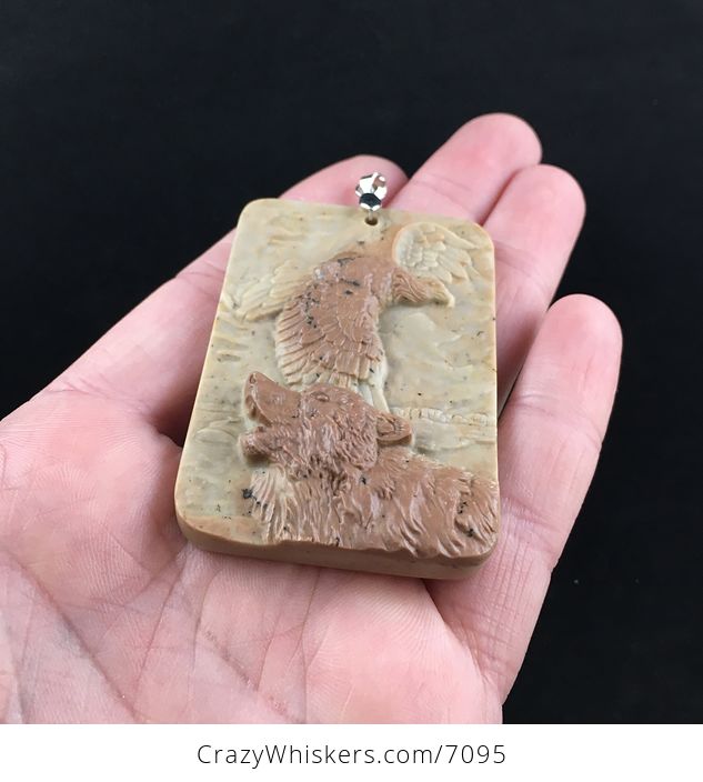 Wolf and Eagle Carved Ribbon Jasper Stone Pendant Jewelry - #HtK3HH9VLHo-2