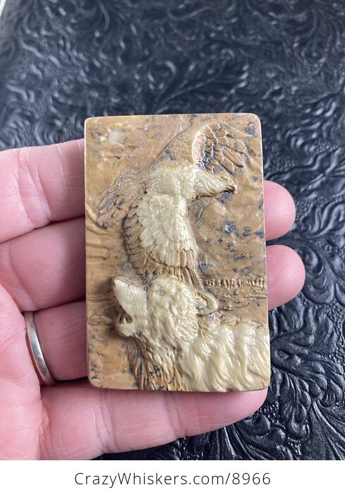 Wolf and Eagle Spirit Animals Carved Jasper Mini Art Stone Pendant Jewelry - #wqpm0ajGTnY-3