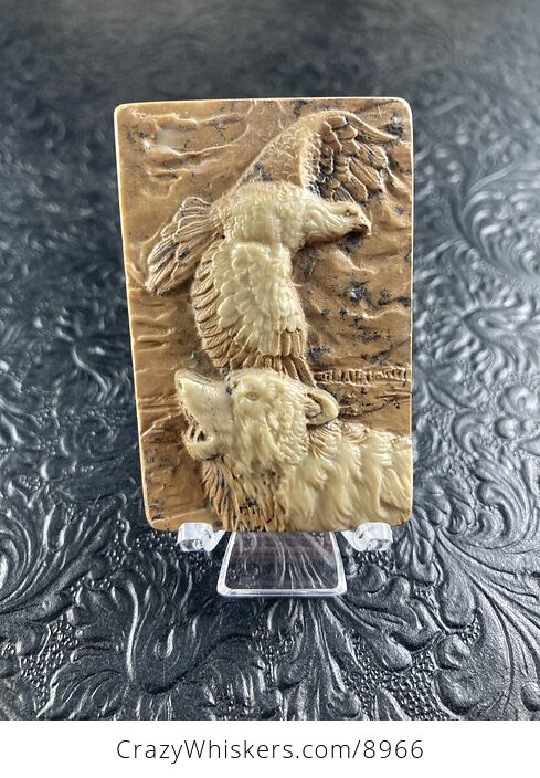Wolf and Eagle Spirit Animals Carved Jasper Mini Art Stone Pendant Jewelry - #wqpm0ajGTnY-1