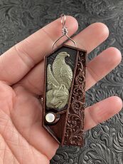 Wolf and Eagle Spirit Animals Carved Jasper Stone with Mother of Pearl on Wood Pendant Jewelry #QBi6ZP072fY