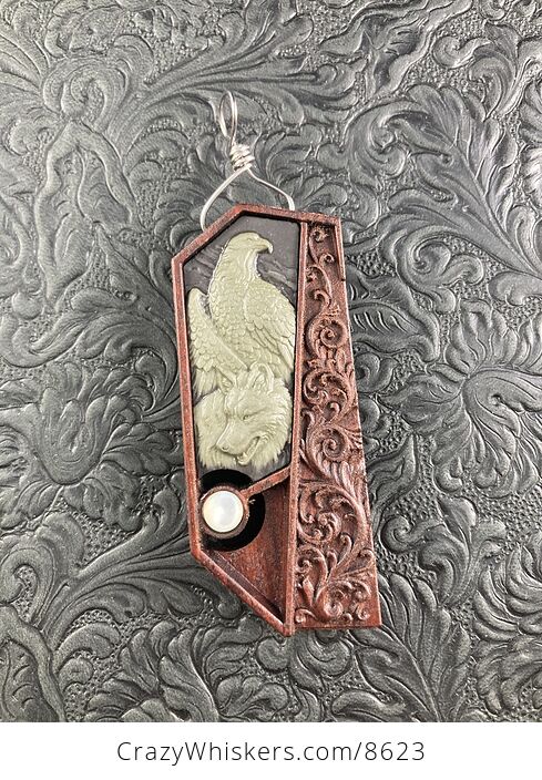 Wolf and Eagle Spirit Animals Carved Jasper Stone with Mother of Pearl on Wood Pendant Jewelry - #QBi6ZP072fY-7