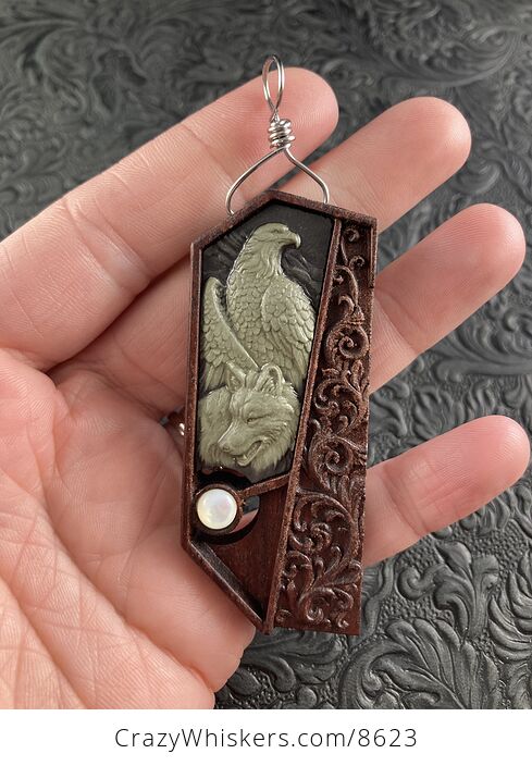 Wolf and Eagle Spirit Animals Carved Jasper Stone with Mother of Pearl on Wood Pendant Jewelry - #QBi6ZP072fY-1