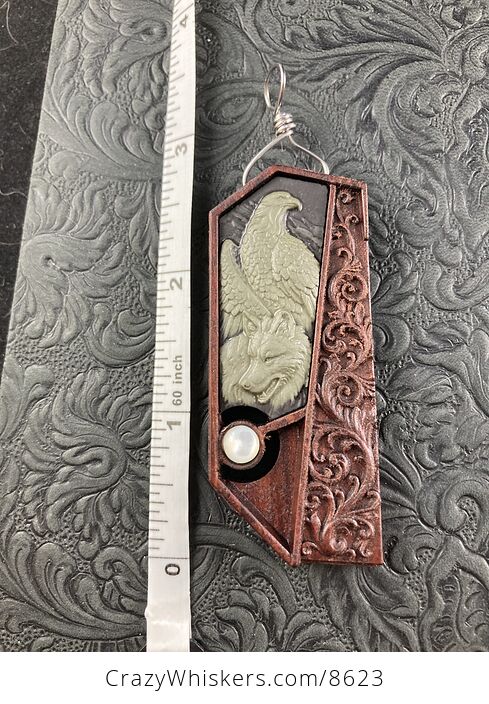 Wolf and Eagle Spirit Animals Carved Jasper Stone with Mother of Pearl on Wood Pendant Jewelry - #QBi6ZP072fY-2