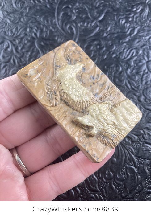 Wolf and Eagle Spirit Animals Carved Ribbon Jasper Mini Art Stone Pendant Jewelry - #8mHQSb7WmBg-4