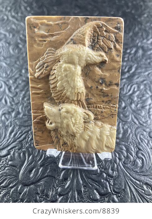 Wolf and Eagle Spirit Animals Carved Ribbon Jasper Mini Art Stone Pendant Jewelry - #8mHQSb7WmBg-1