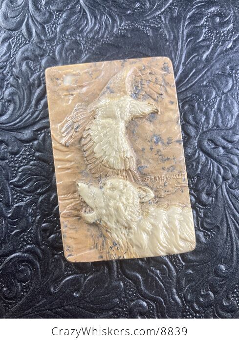 Wolf and Eagle Spirit Animals Carved Ribbon Jasper Mini Art Stone Pendant Jewelry - #8mHQSb7WmBg-6