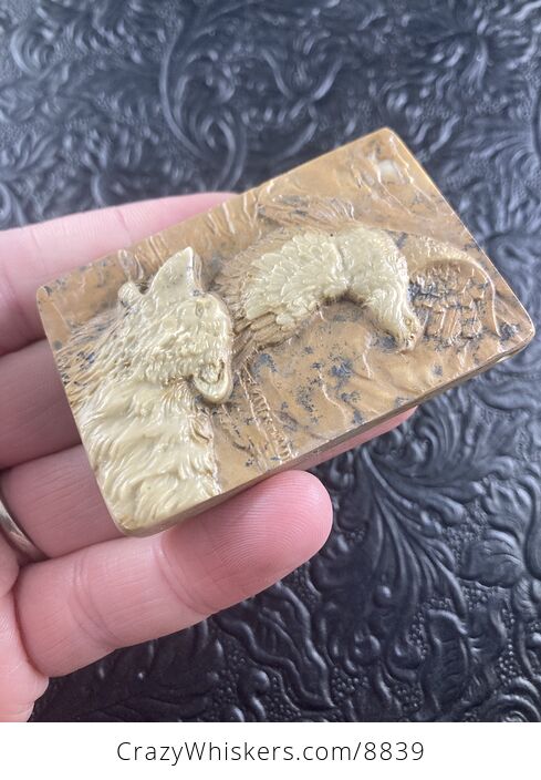 Wolf and Eagle Spirit Animals Carved Ribbon Jasper Mini Art Stone Pendant Jewelry - #8mHQSb7WmBg-3