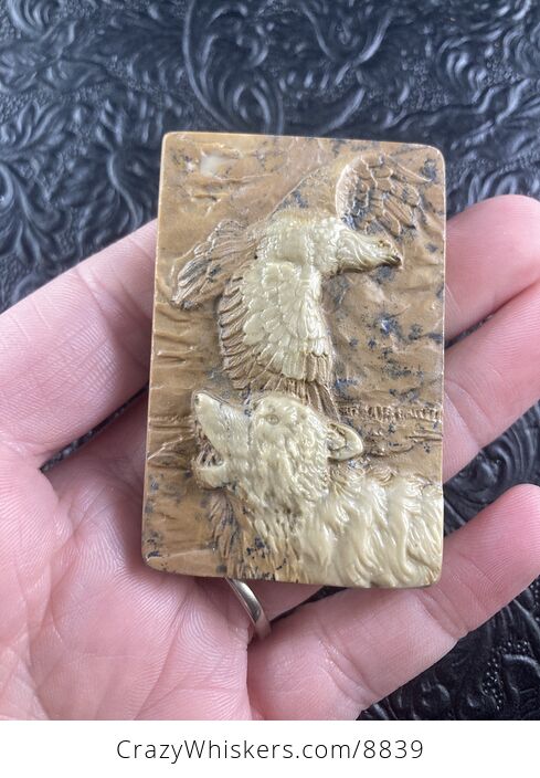 Wolf and Eagle Spirit Animals Carved Ribbon Jasper Mini Art Stone Pendant Jewelry - #8mHQSb7WmBg-2