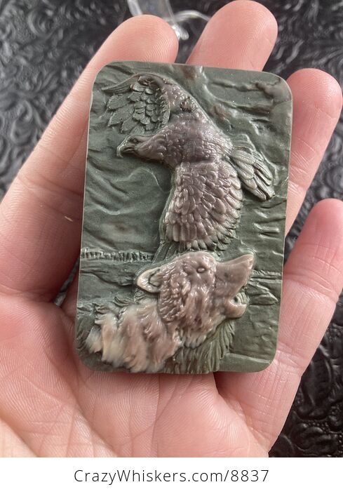 Wolf and Eagle Spirit Animals Carved Ribbon Jasper Mini Art Stone Pendant Jewelry - #a2Sxzsy0CYE-7