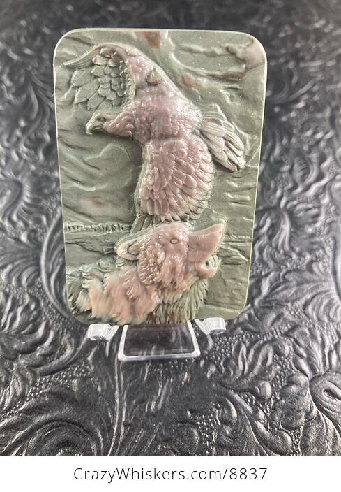Wolf and Eagle Spirit Animals Carved Ribbon Jasper Mini Art Stone Pendant Jewelry - #a2Sxzsy0CYE-1