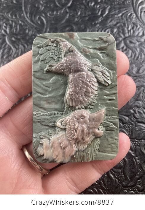 Wolf and Eagle Spirit Animals Carved Ribbon Jasper Mini Art Stone Pendant Jewelry - #a2Sxzsy0CYE-2