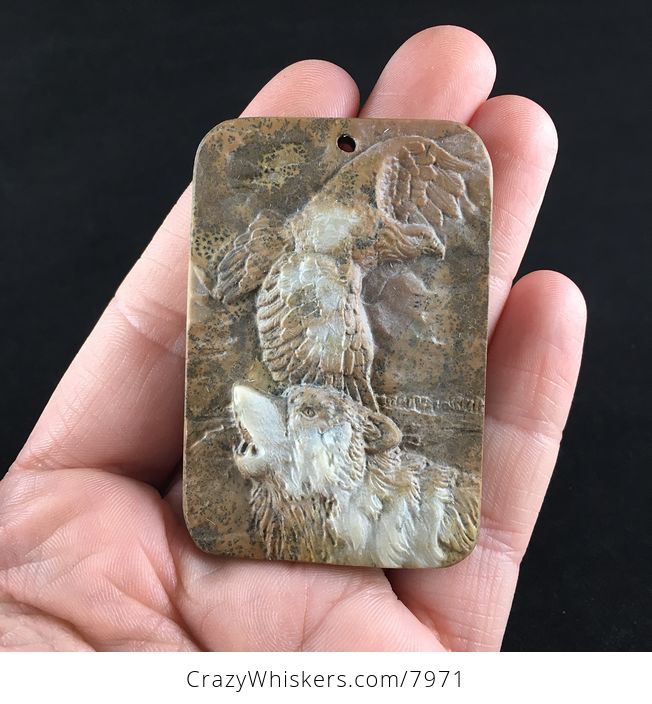 Wolf and Eagle Spirit Animals Carved Ribbon Jasper Stone Pendant Jewelry - #KIAvZ79Q5yM-1