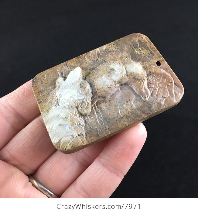 Wolf and Eagle Spirit Animals Carved Ribbon Jasper Stone Pendant Jewelry - #KIAvZ79Q5yM-4