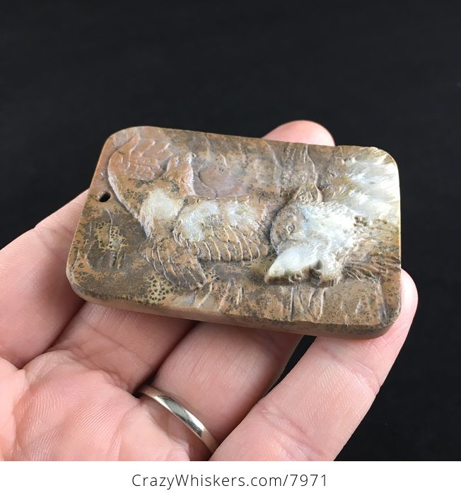 Wolf and Eagle Spirit Animals Carved Ribbon Jasper Stone Pendant Jewelry - #KIAvZ79Q5yM-3