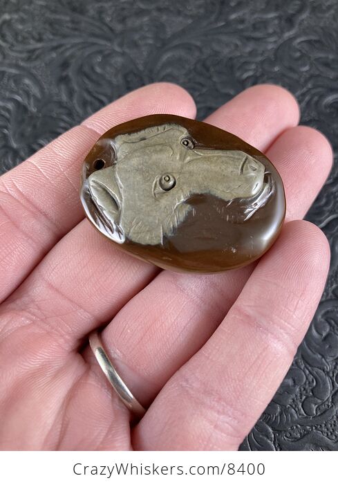 Wolf Face Carved in Succor Creek Jasper Stone Pendant Jewelry - #RYhWG3GZZhM-2