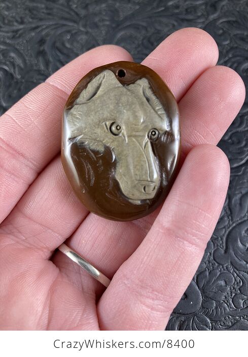 Wolf Face Carved in Succor Creek Jasper Stone Pendant Jewelry - #RYhWG3GZZhM-1