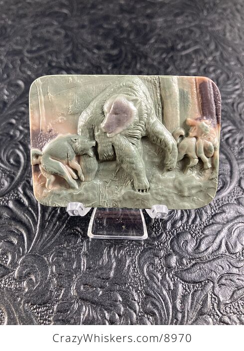 Wolves Attacking a Bear Carved Mini Art Jasper Stone Pendant Cabochon Jewelry - #pBNrxuhFgUM-2