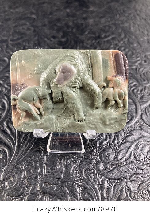 Wolves Attacking a Bear Carved Mini Art Jasper Stone Pendant Cabochon Jewelry - #pBNrxuhFgUM-1