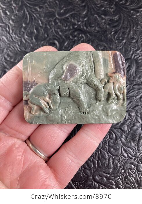 Wolves Attacking a Bear Carved Mini Art Jasper Stone Pendant Cabochon Jewelry - #pBNrxuhFgUM-6