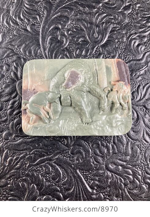 Wolves Attacking a Bear Carved Mini Art Jasper Stone Pendant Cabochon Jewelry - #pBNrxuhFgUM-4